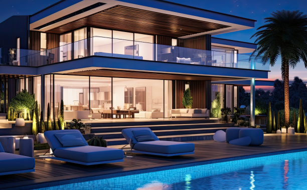 A luxurious one-story modern villa with big windows and transparent doors, complete with a pool and sunbeds nearby, glowing with warm yellow and dark blue night lights.